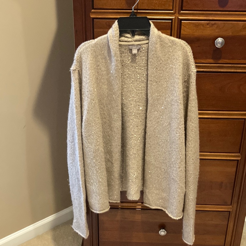 J.Jill women’s open front cardigan, size medium, sparkly sequins, tan color